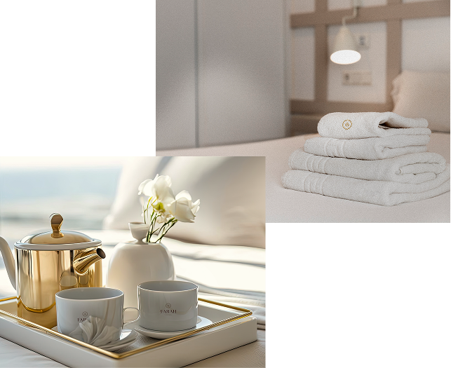 A neatly made bed with fluffy towels and a tray