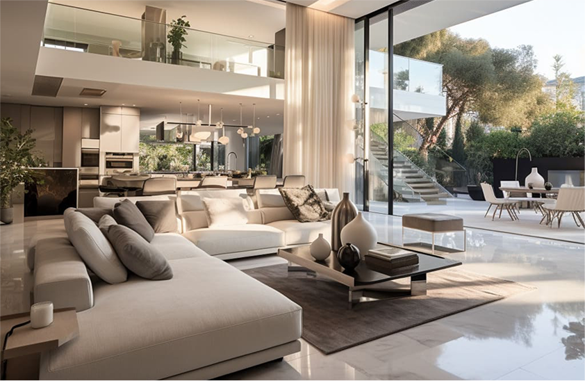 Contemporary living room showcasing large windows and glass doors